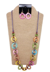 Wax Cord with Round Shells and Resin Rings Necklace Set