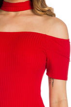 Fitted Neck Halter Off the Shoulder Top with Cap Sleeves  Red