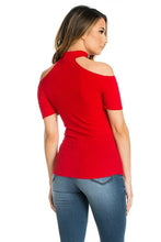 Fitted Neck Halter Off the Shoulder Top with Cap Sleeves  Red