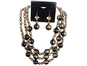 IVETH 3 Strands Gold Beads with Black and Gold Marble Look Necklace Set (15213)